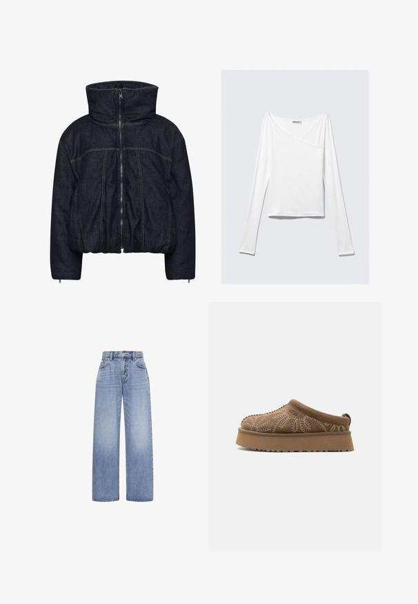 Gestuz RINOVA PUFFER - Veste d'hiver - dark blue unwashed; Haut blanc à manches longues avec un design croisé et une poche. Fabriqué dans un tissu lisse et extensible. Coupé dans une coupe décontractée et ample.; Jean large taille haute bleu clair avec fermeture devant par bouton et zip et design cinq poches sur fond blanc.; Chaussure à enfiler en daim marron avec coutures décoratives crème, semelle épaisse et languette au talon, vue de profil sur un fond clair.