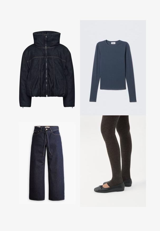 Gestuz RINOVA PUFFER - Vinterjakker - dark blue unwashed; Langærmet skjorte i marineblå, lavet af blød bomuld. Har rund halsudskæring og simpelt, grundlæggende design uden mønstre eller detaljer.; Bredde ben mørkeblå denim jeans med høj talje, der har snoretræk, fem lommer og kontrastsyet detaljer.; Ben iført mørke ribbede leggings kombineret med sorte balletsko med små sløjfedetaljer på hvid baggrund.