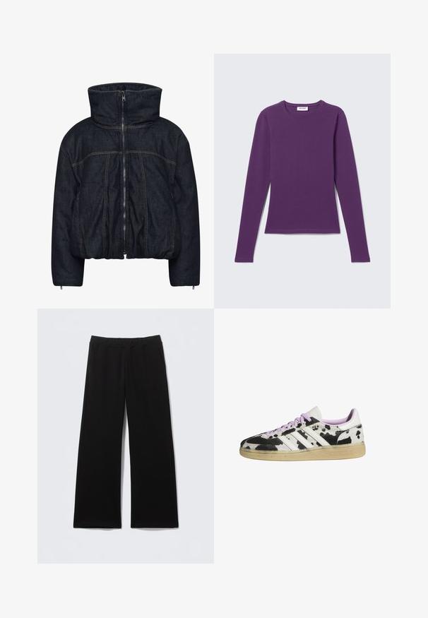 Gestuz RINOVA PUFFER - Vinterjakker - dark blue unwashed; Lilla langærmet T-shirt med rund hals, slim fit, ensfarvet design med synligt mærke i nakken på en lys grå baggrund.; Sorte bukser lavet af blødt stof med vidde ben, elastik i taljen og sidelommer. Ingen synlige mønstre eller detaljer.; Lavt snørresko med sort-hvidt ko-mønster, hvide striber, pink snørebånd og gummisål.