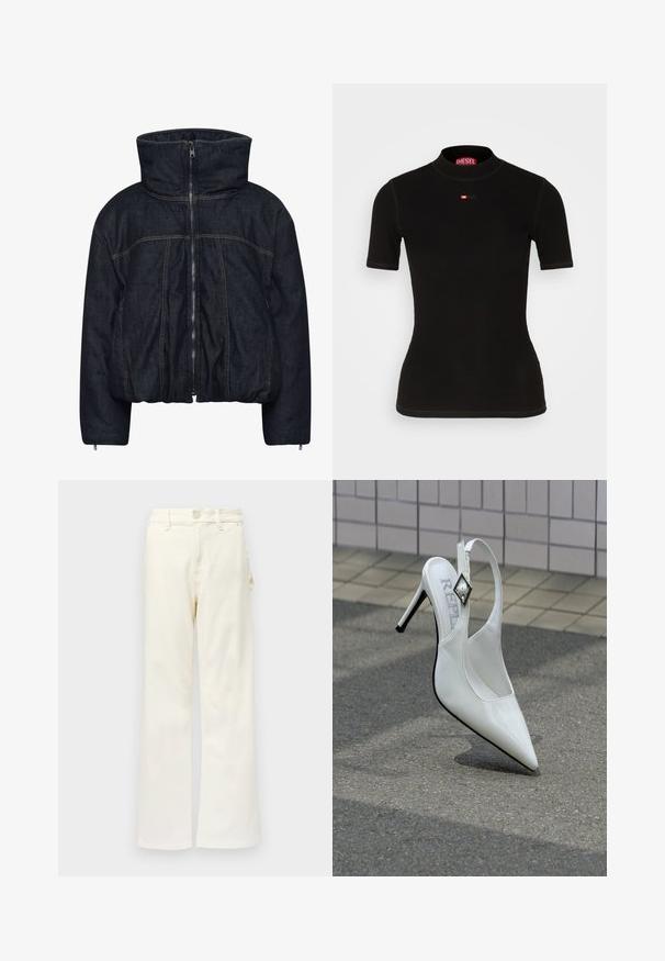 Gestuz RINOVA PUFFER - Vinterjakker - dark blue unwashed; Sort kortærmet top lavet af ribbet stof, med høj hals og et lille rødt Diesel-logo på brystet. Glat tekstur og tætsiddende pasform.; Good American GOOD 90S CARPENTER - Wide leg - white denim; Hvid højhælet sko med spids tå, slingback-design og metallisk diamantdetalje på remmen. Blank laklæderfinish.