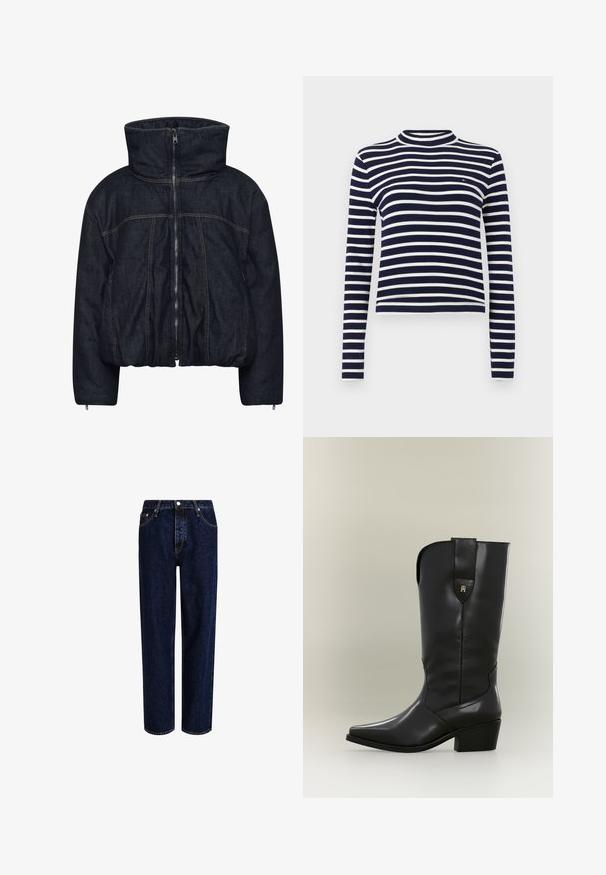 Gestuz RINOVA PUFFER - Vinterjakker - dark blue unwashed; Marineblå og hvid stribet langærmet skjorte med rund halsudskæring og en cropped pasform, der har et lille brandlogo på brystet.; Mørkeblå denim jeans med lige ben-design, der har høj talje, fem-lomme-stil og kontrastsyninger. Ingen dekorationer.; Høj sort læder cowboystøvle med spids tå, kraftig hæl og trækstrop med lille gyldent logo.