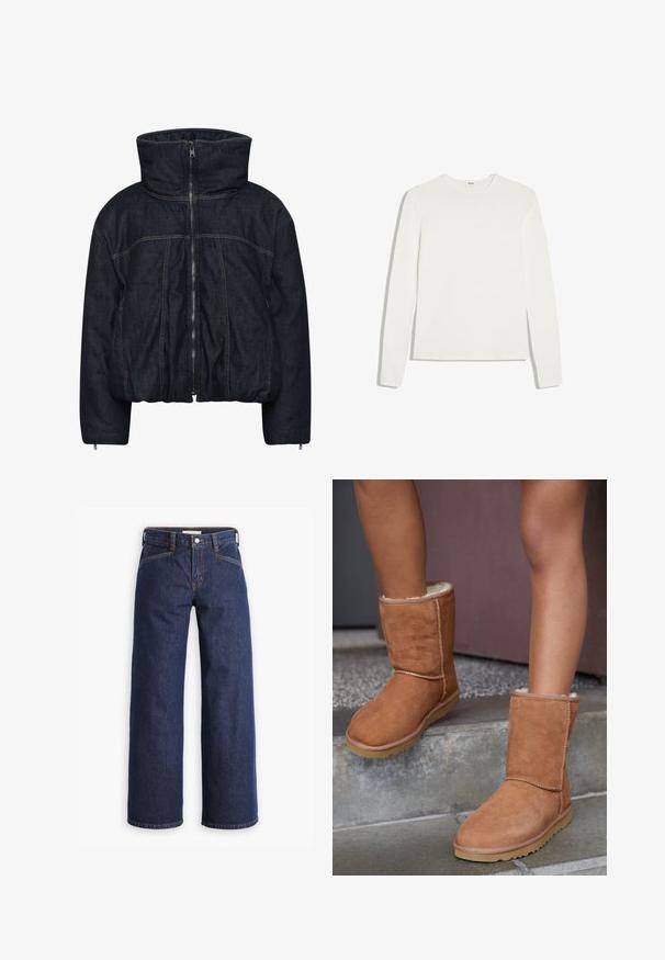 Gestuz RINOVA PUFFER - Vinterjakker - dark blue unwashed; Enkelt hvid langærmet rundhalset skjorte med slank pasform, lagt fladt på en hvid baggrund.; Mørkeblå denim jeans med høj talje, bred benklipp og diskret orange syninger. Har knap- og lynlåslukning foran.; Brune ruskind ankelstøvler med rund tå, blødt foer og gummisål, der har synlige stikninger langs sømmene.