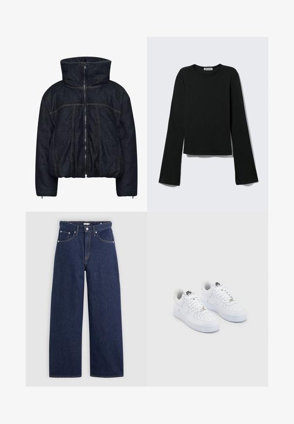 Gestuz RINOVA PUFFER - Veste d'hiver - dark blue unwashed; T-shirt noir à manches longues avec col rond, silhouette ajustée et manches légèrement évasées, étiqueté avec la marque "Weekday" au niveau de l'encolure.; Jeans en denim bleu foncé à jambes larges avec une taille haute, dotés de cinq poches, passants de ceinture et détails de couture en cuivre. Texture lisse.; Baskets Nike Air Force 1 blanches avec une tige en cuir lisse, un embout perforé, des lacets blancs et un logo noir sur la languette.