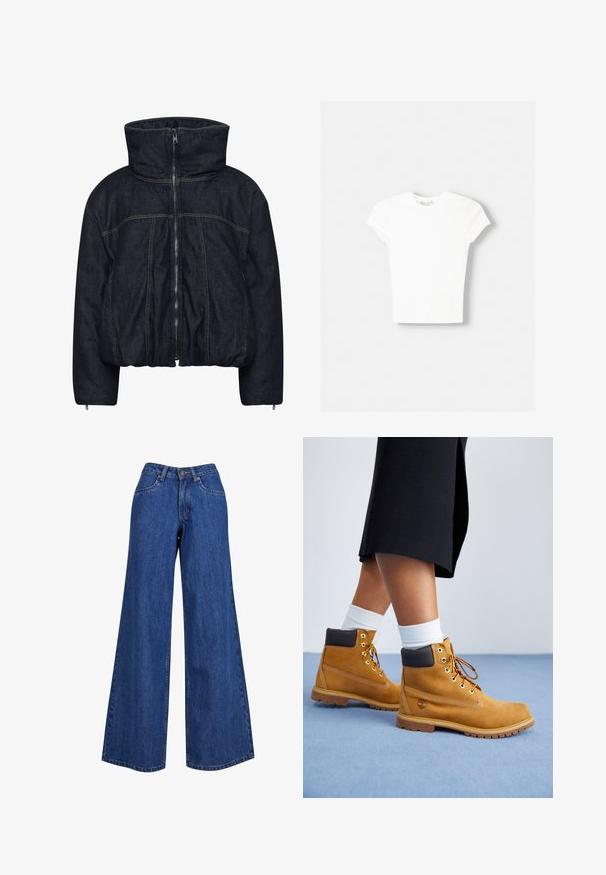 Gestuz RINOVA PUFFER - Winterjas - dark blue unwashed; Witte t-shirt met korte mouwen van zachte katoen, met een ronde halslijn en een getailleerde vorm. Geen zichtbare patronen of versieringen.; Brede denim jeans in medium blue, met een hoge taille, contrasterende stiksels en een klassiek vijf-pocket ontwerp.; Tan suède enkellaarsjes met bruine leren accenten, gouden oogjes en een getextureerde zool. Witte sokken zichtbaar boven de laarsjes.