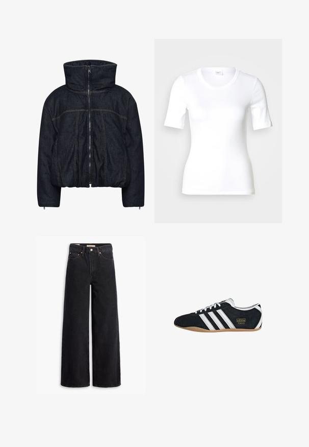 Gestuz RINOVA PUFFER - Vinterjakker - dark blue unwashed; Hvid T-shirt med korte ærmer lavet af glat bomuld, med rund halsudskæring og en tætsiddende pasform. Klassisk design uden mønstre eller detaljer.; Sorte brede benjeans lavet af denim, med fem lommer, kobbernitter og en klassisk knaplukning. Glat tekstur med et rent design.; Sort ruskinds sneaker med hvide tre striber, guldlogo og en brun gummisål. Har et lavprofil snørebåndsdesign.