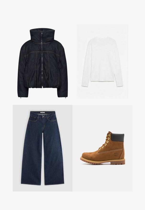 Gestuz RINOVA PUFFER - Vinterjakker - dark blue unwashed; Helt hvid langærmet t-shirt med rund hals lagt fladt på en hvid overflade, der viser fronten og hele ærmelængden.; Mørkeblå vidde cowboybukser med forlommer, bæltestropper og knaplukning, vist fladt på en lys baggrund.; Brun ruskinds ankelstøvle med sort polstret krave, gyldne øjer, snørebånd foran og gummisål med et struktureret mønster.