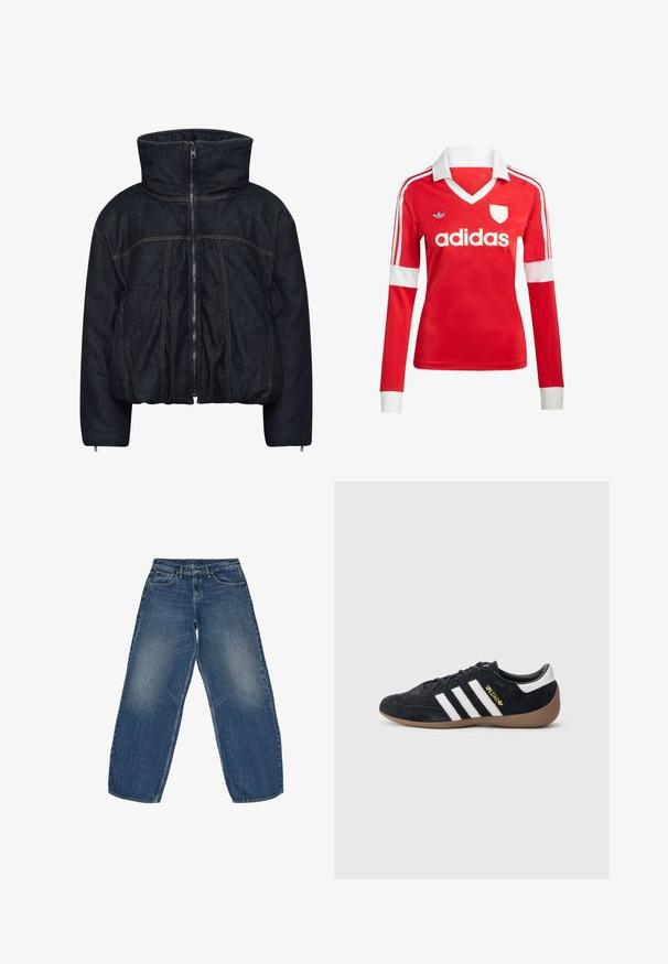 Gestuz RINOVA PUFFER - Winterjas - dark blue unwashed; Rode lange mouwen voetbalshirt met een witte kraag en manchetten. Heeft drie witte strepen op de schouders en het "adidas" logo prominent weergegeven.; Wijde denim jeans in middenblauw, met een vervaagde was, klassiek vijf-pocket ontwerp en stevige stiksels aan de zomen.; Zwarte suède sneaker met drie witte strepen, een rubberen gumzool en een klein gouden logo aan de zijkant. Heeft een gladde zwarte binnenvoering.