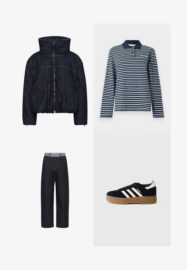 Gestuz RINOVA PUFFER - Vinterjakker - dark blue unwashed; Langærmet polo i marineblå og hvide striber, bomuldsmateriale, med en knappet krave og et lille logo på brystet.; Mørkeblå jeans med vide ben og lysegrå taljebånd samt forlommer, vist mod en hvid baggrund.; Sort ruskindssneaker med hvide tre striber og guldfarvet logo. Sål i gummi med tekstureret greb. Klassisk lavtop-design med rundet tå.