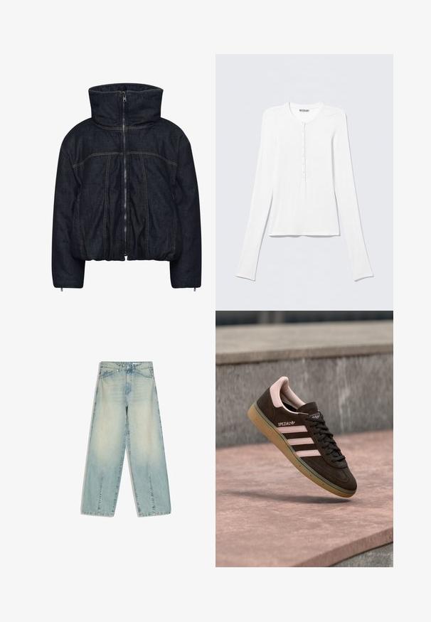 Gestuz RINOVA PUFFER - Vinterjakker - dark blue unwashed; Hvid Henley trøje med lange ærmer, rund halsudskæring og en vertikal række små knapper ned foran i midten.; Lyseblå denimjeans med vide ben, forlommer, bæltestropper, knaplukning og diskrete falmede detaljer.; Mørkebrun ruskindsneaker med pink detaljer, der har tre pink striber, en tekstureret sål og en logo på siden. Klassisk lavprofil-design.
