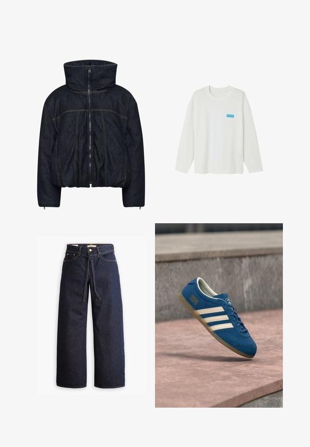 Gestuz RINOVA PUFFER - Vinterjakker - dark blue unwashed; Hvid langærmet skjorte lavet af bomuld. Har en rund halsudskæring og en lille blå "AMERICAN VINTAGE"-logo på venstre brystområde.; Bredde ben mørkeblå denim jeans med høj talje, der har snoretræk, fem lommer og kontrastsyet detaljer.; Blå ruskindsneaker med cremefarvede striber og snørebånd, sål af gummiridse, tekstureret overflade, rundet tå og mærkning på siden.