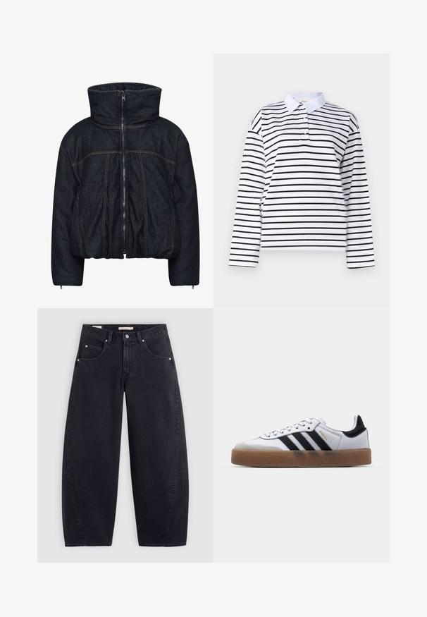 Gestuz RINOVA PUFFER - Vinterjakker - dark blue unwashed; Hvid langærmet polo t-shirt med horisontale sorte striber, klassisk krave og to knapstolper. Glat bomuldsstof.; Sorte denim wide-leg jeans med høj talje, to frontlommer og sølvhardware. Glat tekstur, minimale stikninger og lige snit.; Hvide lædersneakers med sorte striber, gummirubber sål, rund tå, snørelukning og blød grå ruskinds tåhætte.
