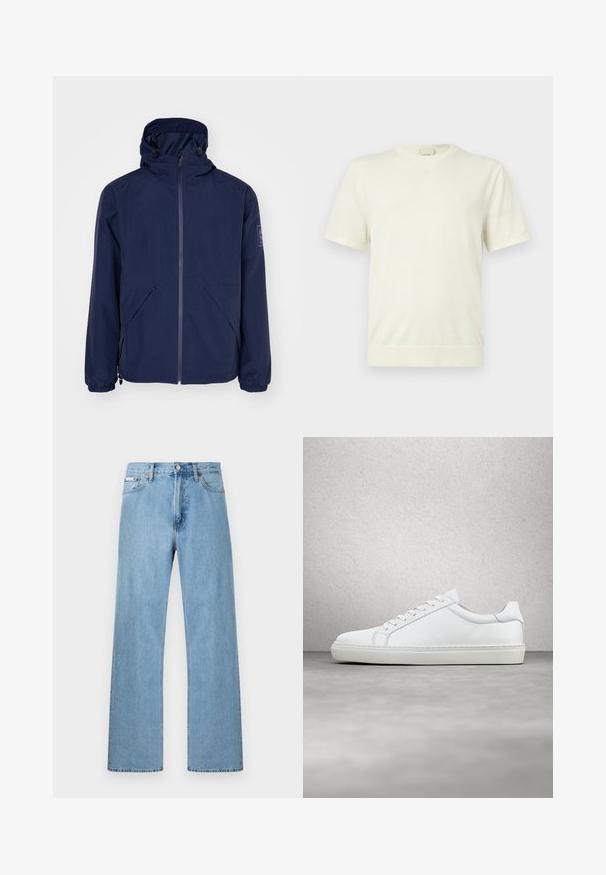 Marineblau wasserdichte Jacke mit Kapuze, ausgestattet mit einem Frontreißverschluss, elastischen Bündchen, zwei seitlichen Taschen und einem Logo-Patch am linken Ärmel.; Schlichtes weißes Kurzarm-T-Shirt mit Rundhalsausschnitt, Rippbund und Bündchen, präsentiert vor einem neutralen hellgrauen Hintergrund.; Hellblaue gerade geschnittene Jeans im Five-Pocket-Design mit Knopfverschluss an der Taille, präsentiert vor einem schlichten Hintergrund.; Weißer Sneaker mit glattem Lederobermaterial und niedrigem Profil. Verfügt über eine runde Zehenpartie, sechs Ösen und eine strukturierte Gummisohle.