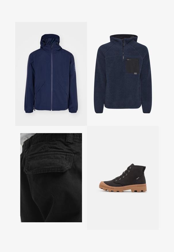 Marineblå vandtæt jakke med hætte, der har en frontlynlås, elastiske manchetter, to sidelommer og et logo-patch på venstre ærme.; Marineblå fleece-pullover med kvart lynlås, tekstureret overflade, sort brystlomme og kontrasterende sorte detaljer på lynlåsen og lommen.; Baglomme på sorte bukser med klaplukning og synlige sømme, båret af en person i en hvid skjorte.; Sorte kanvas ankelstøvler med brune gummisåler, der har metaløjer, snørelukning og en tekstureret overflade.