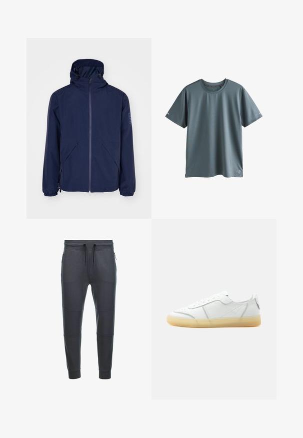 Chaqueta impermeable de color azul marino con capucha, que cuenta con una cremallera frontal, puños elásticos, dos bolsillos laterales y un parche de logo en la manga izquierda.; Camiseta deportiva lisa azul de manga corta con cuello redondo y pequeño logo reflectante en la parte inferior izquierda y en los extremos de las mangas, mostrada sobre fondo blanco.; Pantalones de chándal gris oscuro fabricados en tejido suave, con cintura elástica ajustable, dos bolsillos laterales con cremallera y detalles en panel en las piernas.; Zapatilla blanca de piel de corte bajo con suela translúcida beige, cierre con cordones en la parte frontal y detalles de costura mínimos, mostrada de lado sobre un fondo liso.
