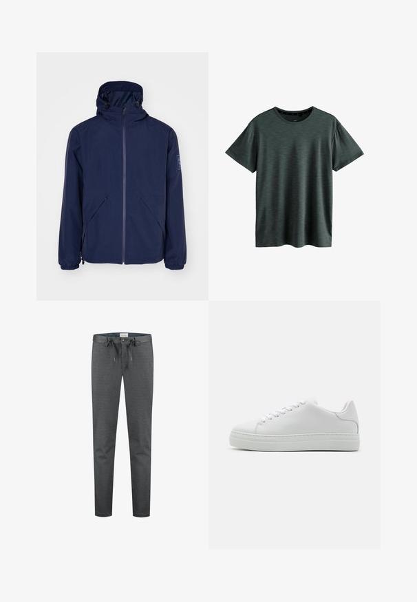Marineblå vandtæt jakke med hætte, der har en frontlynlås, elastiske manchetter, to sidelommer og et logo-patch på venstre ærme.; Mørkeblå T-shirt lavet af blødt, struktureret stof. Har en klassisk rund hals og korte ærmer med et subtilt mønster. Ingen synlige logoer.; Grå, strækbare bukser med en glat tekstur, snøre i taljen og en knaplukning. Har et slim-fit design og minimale synlige sømme.; Hvide lædersneakers med en chunky platformsål, rund tå og seks snørehuller. Glat tekstur med subtile syninger.