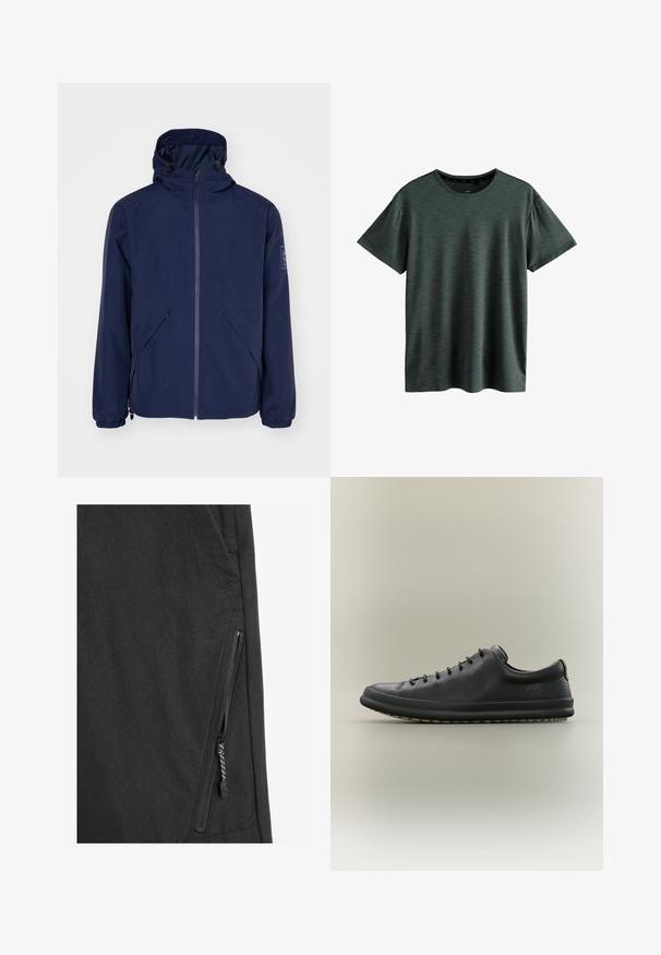 Marineblå vandtæt jakke med hætte, der har en frontlynlås, elastiske manchetter, to sidelommer og et logo-patch på venstre ærme.; Mørkeblå T-shirt lavet af blødt, struktureret stof. Har en klassisk rund hals og korte ærmer med et subtilt mønster. Ingen synlige logoer.; Sort jakke stof med en mat finish, der har en lynlåslomme langs siden, indviklet syning og et elegant moderne design.; Sort lavtliggende lædersneaker med sorte snørebånd og en tyk gummisål på en neutral baggrund.