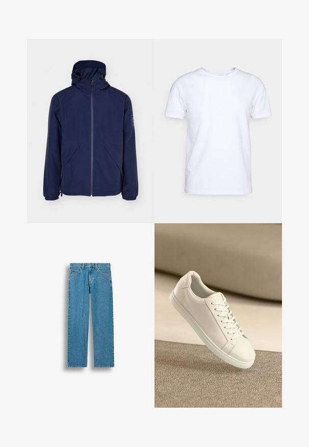 Chaqueta impermeable de color azul marino con capucha, que cuenta con una cremallera frontal, puños elásticos, dos bolsillos laterales y un parche de logo en la manga izquierda.; Camiseta blanca de manga corta en tejido de algodón con cuello redondo. Diseño simple sin patrones ni acentos. Textura suave.; Vaqueros vaqueros de pierna recta azul con bolsillos delanteros, trabillas para cinturón y cierre de botón, mostrados sobre un fondo blanco.; Zapatilla de cuero blanca con cordones blancos, exhibida sobre una superficie texturizada beige y un suave fondo desenfocado.