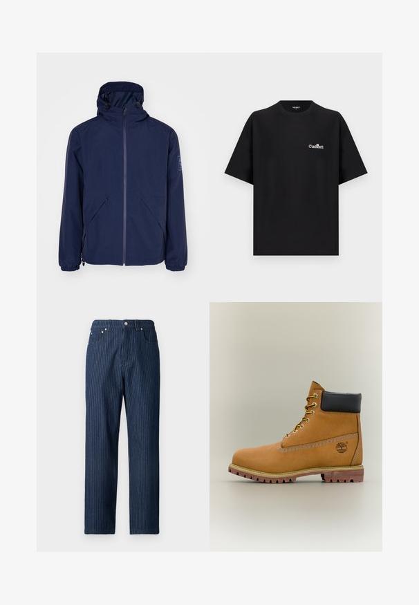 Marineblå vandtæt jakke med hætte, der har en frontlynlås, elastiske manchetter, to sidelommer og et logo-patch på venstre ærme.; Sort oversized T-shirt med korte ærmer og hvidt Carhartt-logo på venstre bryst, rund halsudskæring, vist på ensartet lys baggrund.; Mørkeblå denim bukser med lodrette hvide nålestriber, lige ben-design, fem lommer og metalbeslag ved taljen.; Brun læderankelstøvle med sort krave, gule snørebånd og tanfarvet sål. Har logo og hvide syninger som detalje. Robust ydersål med greb.