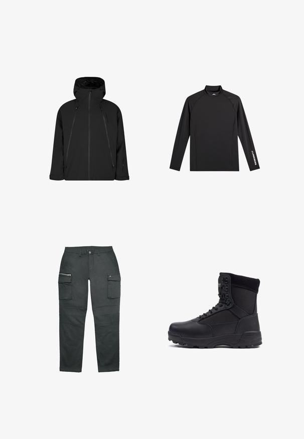 Zwarte waterdichte jas met een capuchon, voorrits en verstelbare trekkoorden. Beschikt over zijzakken en een slank, minimalistisch ontwerp.; Zwart sporttopje met lange mouwen, opstaande kraag, slim fit en witte "J.Lindeberg"-logo op linkerarm en kraag.; Zwarte cargo broek gemaakt van duurzaam materiaal, met twee zijzakken en een voorklepzak, met een recht gesneden ontwerp.; Zwarte tactical boot met een gladlederen bovenkant en stofpanelen, hoge enkelontwerp, vetersluiting aan de voorkant en robuuste rubberen zool.