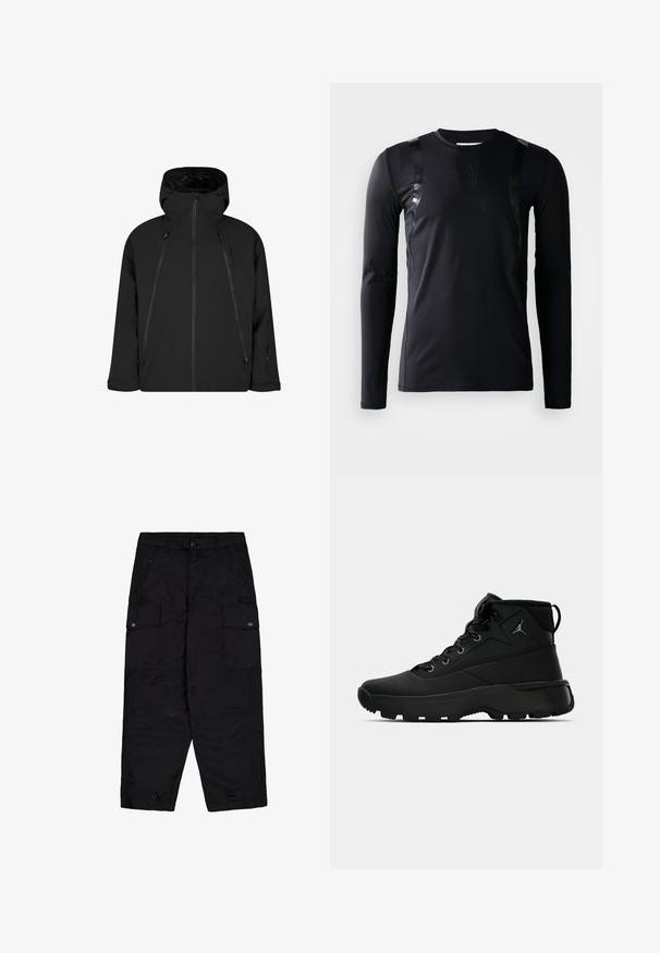 Zwarte waterdichte jas met een capuchon, voorrits en verstelbare trekkoorden. Beschikt over zijzakken en een slank, minimalistisch ontwerp.; Zwarte lange-mouwen sportshirt gemaakt van glad, rekbaar materiaal. Kenmerkt zich door glanzende zwarte accenten op de schouders en een Adidas-logo op de borst.; Zwarte cargobroek met een knoop en rits aan de voorkant, zijflapzakken met knopen en verstelbare trekkoorden aan de onderkant.; Zwarte hoge sport sneakers met een gestructureerde synthetische bovenkant, voorzien van metalen oogjes, zwarte veters en een rubberen zool met patroon voor grip.