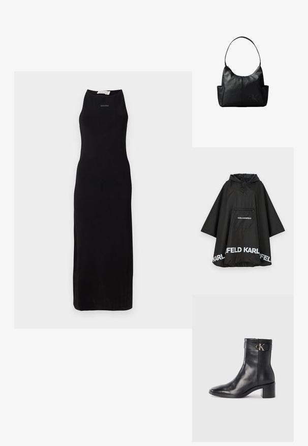 Must mustes ponšo koos kapuutsi ja esikotiga, millel on valge logo detailid äärisel. Sile ja kerge materjal.; Musthave musträtik, millel on sujuv kangas, kõrge kaelus ja lihtne siluett. Rinnal on peen brändimine.; Must musta ankle boot terava nina, plokke konts ja rihm, millel on metalliline logo detail. Sile tekstuur ja minimaalne disain.; Mustast nahast õlakott ühe rihmaga, küljetaskudega ja peene reljeefse Calvin Kleini logoga ühe alumise paremal eespool.