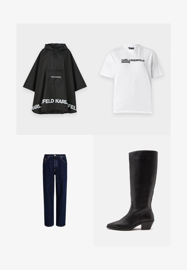 Schwarzer wasserdichter Poncho mit Kapuze, ausgestattet mit einer Fronttasche und weißen Logodetails am Saum. Glattes, leichtes Material.; Weißes Baumwoll-T-Shirt mit Rundhalsausschnitt, kurzen Ärmeln und schwarzem Drucktext "KARL LAGERFELD JEANS" über der Brust.; Dunkelblaue Denim-Jeans mit geradem Bein, hoher Taille, fünf Taschen und kontrastierenden Nähten. Ohne Verzierungen.; Schwarzer Lederstiefel bis zur Wade mit spitzer Spitze und niedrigem schrägem Absatz vor einfachem hellem Hintergrund.