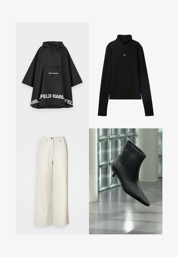 Zwarte waterdichte poncho met capuchon, voorzien van een voorzak en witte logodetails langs de zoom. Gladde, lichte stof.; Zwarte geribde coltrui met lange mouwen en een klein vierkant Calvin Klein-logo midden op de borst.; Crème wijde benen broek van gladde stof. Heeft een mid-rise taille, ritssluiting en twee voorzakken met zwarte hardware accenten.; Zwarte leren enkellaars met spits toelopende neus en lage kittenhak, schuin weergegeven tegen een gepolijste vloer en een glazen blokken muur als achtergrond.