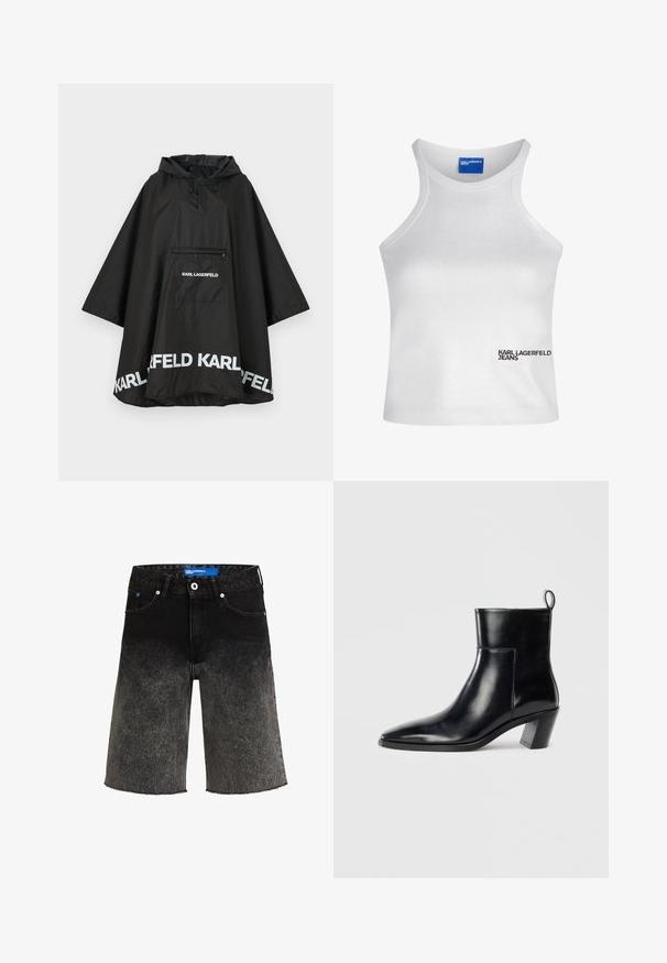 Zwarte waterdichte poncho met capuchon, voorzien van een voorzak en witte logodetails langs de zoom. Gladde, lichte stof.; Witte mouwloze crop top met hoge nek en het "Karl Lagerfeld Jeans" logo op de onderzijde rechts voor.; Zwarte denim shorts met een vervaging van donker naar licht. Heeft een rafelrand, twee voorzakken en een blauwe merklabel op de tailleband.; Zwarte leren enkelboot met een spitse neus, een geometrische gestapelde hak en een trekband aan de achterkant. Gladde textuur en slank ontwerp.