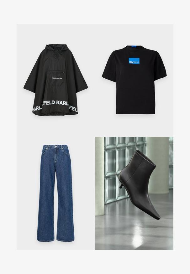 Schwarzer wasserdichter Poncho mit Kapuze, ausgestattet mit einer Fronttasche und weißen Logodetails am Saum. Glattes, leichtes Material.; Schwarzes Baumwoll-T-Shirt mit Rundhalsausschnitt, auf der Vorderseite mit einem blauen rechteckigen Grafiklogo mit der Aufschrift "KARL LAGERFELD JEANS".; Weite blaue Jeans mit hohem Bund, ausgestattet mit Fronttaschen und einem einzelnen Knopfverschluss. Strukturierter Stoff mit sichtbaren Nähten.; Schwarzer Leder-Knöchelstiefel mit spitzer Spitze und kleinem Absatz vor einer Wand aus Glasbausteinen und einem polierten Boden.