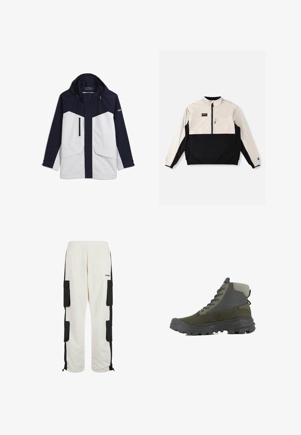 Veste imperméable bicolore bleu marine et blanc avec capuche, fermeture éclair frontale, poche zippée sur la poitrine, poches à rabat, et écusson logo sur la manche gauche.; Veste à demi-fermeture éclair en crème et noir. Poche avant sur le côté gauche de la poitrine. Tissu lisse avec un design en bloc de couleurs contrastées.; Pantalons cargo blancs avec des panneaux latéraux noirs, taille élastique et poches cargo. Comprend des ourlets ajustables et le logo FUBU sur la jambe gauche.; Vue latérale d'une chaussure de randonnée verte et grise avec une semelle noire épaisse et un col rembourré montant à la cheville sur fond blanc.