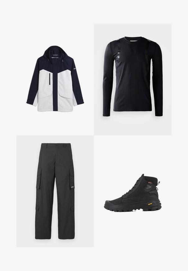 Veste imperméable bicolore bleu marine et blanc avec capuche, fermeture éclair frontale, poche zippée sur la poitrine, poches à rabat, et écusson logo sur la manche gauche.; T-shirt de sport à manches longues noir en tissu lisse et extensible. Présente des accents noirs brillants sur les épaules et un logo Adidas sur la poitrine.; Pantalons cargo noirs à jambes droites avec poches latérales à rabat, fermeture à bouton, passants de ceinture et petit logo blanc sur le rabat de la poche droite.; Baskets montantes noires avec une surface texturée, dotées d'un design imperméable, d'un système de laçage et d'une semelle en caoutchouc proéminente avec la marque Vibram.