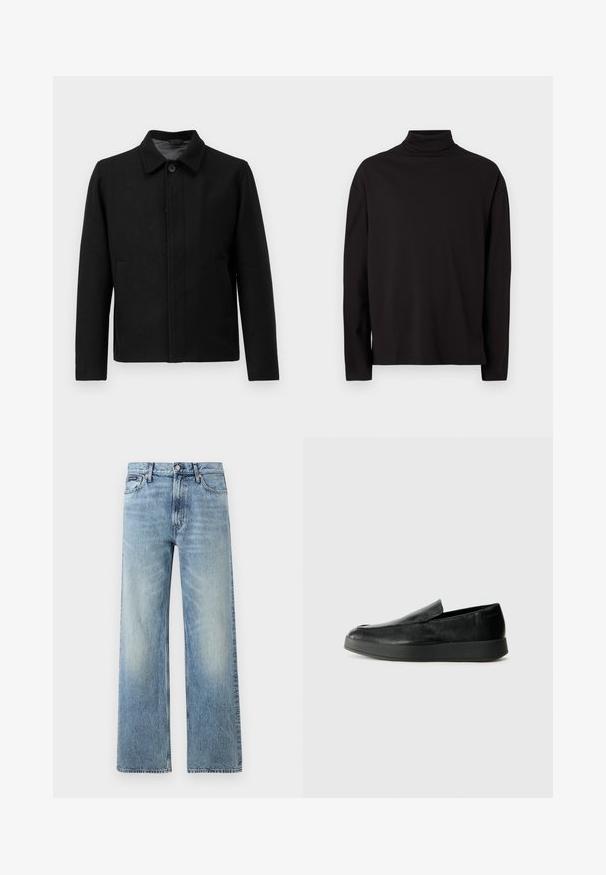 Veste noire avec une fermeture à boutons, col structuré, deux poches latérales et tissu texturé. Design simple et droit.; Haut à col roulé noir à manches longues en tissu doux et lisse, avec une coupe décontractée et sans motifs ni accents visibles.; Jean droit en denim bleu clair avec taille haute, cinq poches, fermeture à boutons et léger délavage sur les cuisses et les genoux.; Calvin Klein HYBRID CUP - Chaussons - triple black