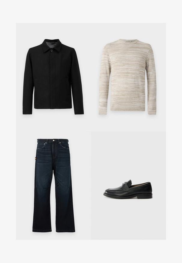 Veste noire avec une fermeture à boutons, col structuré, deux poches latérales et tissu texturé. Design simple et droit.; Pull en tricot beige avec un motif rayé texturé. Col rond et manches longues avec des poignets et un ourlet côtelés. Matériau doux et léger.; Jeans droit bleu foncé avec un design classique à cinq poches, passants de ceinture et légers détails décolorés à l'avant et aux genoux.; Mocassins en cuir noir avec une finition lisse, dotés d'une bande supérieure texturée, d'un talon bas et de détails de couture minimalistes.