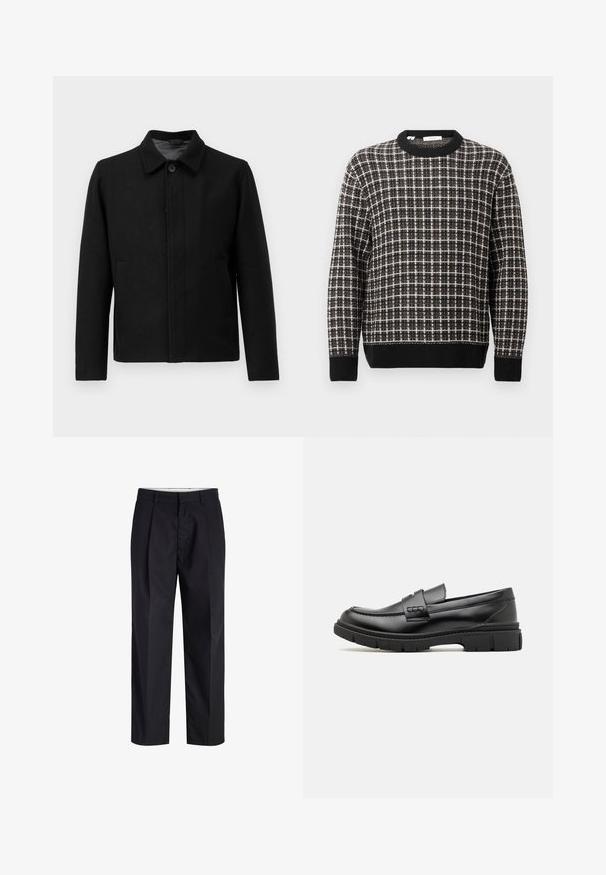 Veste noire avec une fermeture à boutons, col structuré, deux poches latérales et tissu texturé. Design simple et droit.; Pull en maille à col rond à motifs à carreaux noir et blanc avec des poignets et un ourlet côtelés, présenté sur un fond clair uni.; Pantalon noir à jambes droites avec taille, passants de ceinture, fermeture éclair à l'avant et poches latérales, présenté sur fond blanc.; Mocassin en cuir noir avec une large sangle sur le devant, semelle en caoutchouc à épaisse rainure, et texture lisse. Design classique et élégant.