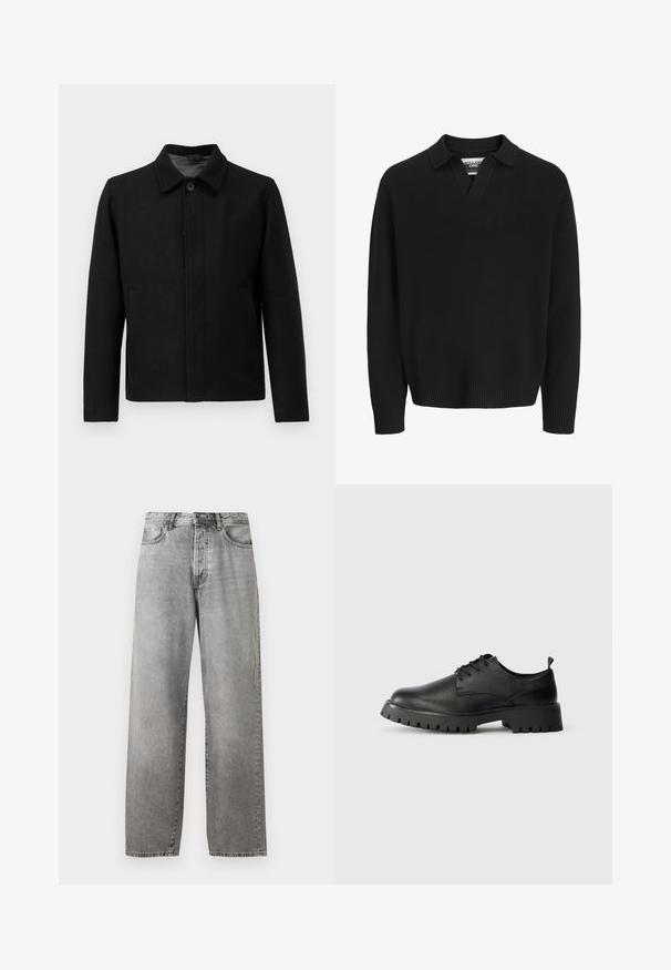 Veste noire avec une fermeture à boutons, col structuré, deux poches latérales et tissu texturé. Design simple et droit.; Pull en tricot noir avec un col en V. Équipé de poignets et d'un ourlet côtelés. Texture lisse, design minimaliste.; Jeans larges gris en denim. Présente une taille haute, cinq poches et une fermeture par bouton et zip. Légère décoloration sur le tissu.; Chaussures en cuir noir à lacets avec un bout arrondi, surface texturée et semelle en caoutchouc épaisse dotée de profondes rainures pour une meilleure adhérence.