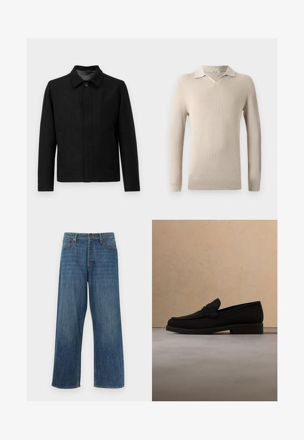 Veste noire avec une fermeture à boutons, col structuré, deux poches latérales et tissu texturé. Design simple et droit.; Polo beige à manches longues avec un col en V et texture côtelée. Tissu doux avec un col classique et une coupe ajustée.; Jean denim bleu coupe droite avec un design classique à cinq poches et une fermeture par bouton, présenté sur un fond blanc uni.; Mocassin en cuir noir flottant au-dessus d'un tapis beige avec un canapé beige en tissu en arrière-plan.