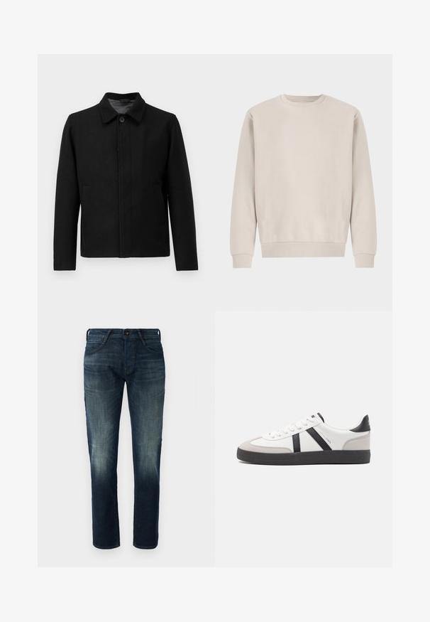 Veste noire avec une fermeture à boutons, col structuré, deux poches latérales et tissu texturé. Design simple et droit.; Sweatshirt beige à col rond en coton doux, avec une coupe décontractée, des poignets et un ourlet côtelés, sans motifs ni éléments métalliques visibles.; Jean en denim droit bleu foncé avec un léger décoloration aux cuisses et aux genoux, fermeture par bouton et zip à l'avant, et style five-pocket.; Baskets blanches avec des accents noirs et gris, présentant un embout texturé gris, une semelle en caoutchouc noir et des lacets plats blancs. Design épuré, style minimaliste.