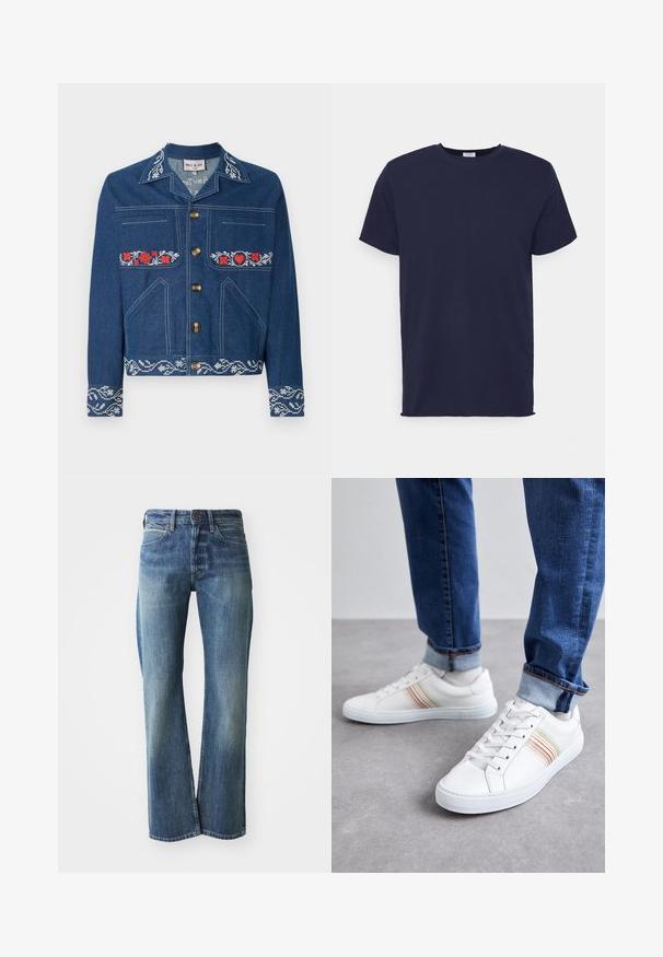 Dunkelblaue Jeansjacke mit roten floralen Stickereien, goldenen Knöpfen, Brust- und Seitentaschen sowie einem gemusterten Saum.; Marineblaues T-Shirt mit kurzen Ärmeln aus weichem Stoff. Es hat einen Rundhalsausschnitt und einen geraden Schnitt ohne Muster oder Akzente.; Jeans aus Denim in einem hellen bis mittleren Blauton, mit geradem Schnitt, klassischem Fünf-Taschen-Design und subtiler Ausbleichung auf der Vorderseite.; Weiße Leder-Sneaker mit mehrfarbigen Streifen, Schnürdesign, Gummisohle und gepolstertem Kragen, kombiniert mit blauen Jeans.