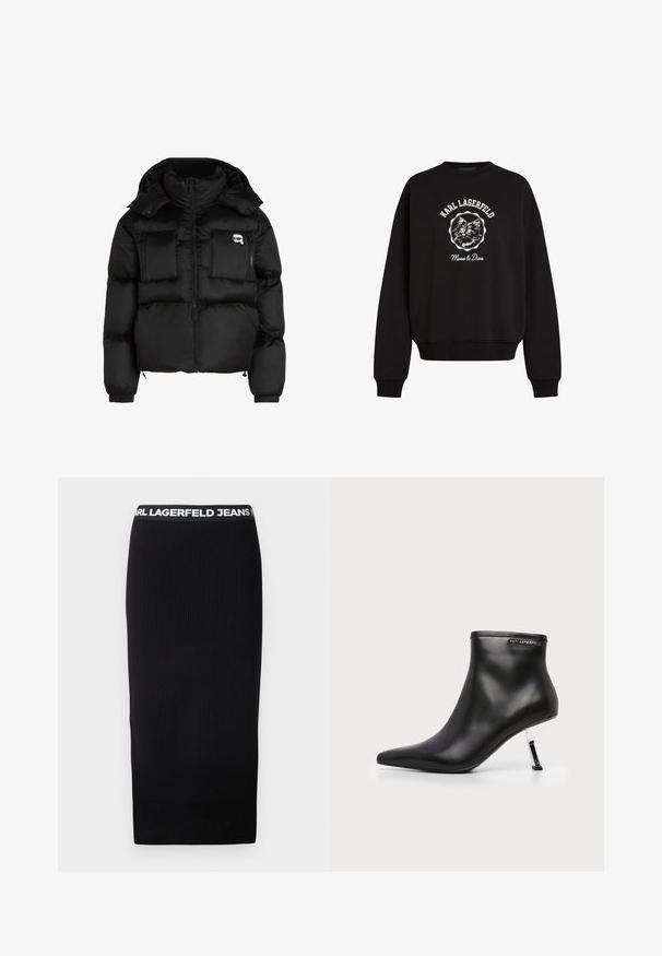 Sort oppustelig jakke med høj krave, lynlåslukning foran, to store forlommer og elastiske manchetter. Glat, blankt stof med hætte.; Sort langærmet sweatshirt med hvid katteillustration og tekst "Karl Lagerfeld" over og "Muse & Diva" under kattebilledet.; Sort ribbet midi-nederdel med en hvid brændt elastisk talje. Stoffet har en glat struktur og et tætsiddende design.; Sort læder ankelstøvle med spids tå og en blank sølv stilethæle på en hvid baggrund.