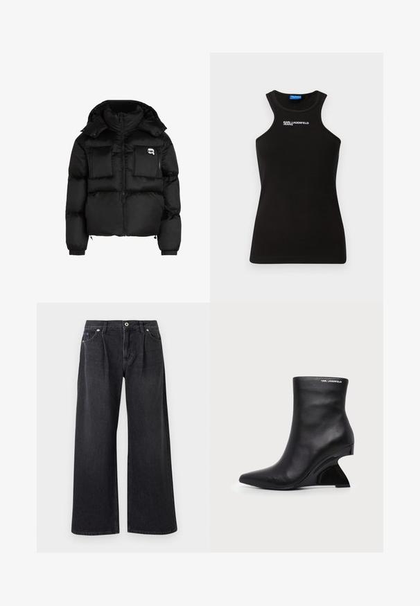 Sort oppustelig jakke med høj krave, lynlåslukning foran, to store forlommer og elastiske manchetter. Glat, blankt stof med hætte.; Sort ribbet tanktop med høj hals og hvidt "Karl Lagerfeld Jeans" logo centreret nær kraven.; Bredde ben sorte jeans lavet af denim, med knaplukning foran, to frontlommer og en ren finish uden pynt.; Sort læderankelstøvle med buet skulptureret hæl og Karl Lagerfeld-logo nær den øverste kant på hvid baggrund.