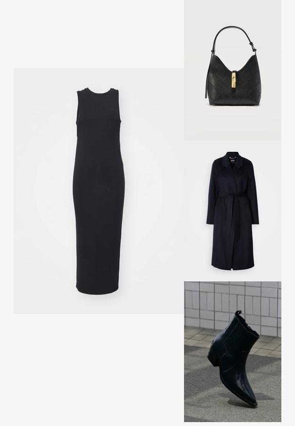 Tummansininen villakangastakki, jossa on vyöllinen vyötärö, lankakäyräkaulus, pitkät hihat ja puolipitkä helma. Silkkinen materiaali, minimalistinen muotoilu, ei havaittavia kuvioita.; Mekko on musta, hihaton maxi-mekko, joka on valmistettu pehmeästä kankaasta. Siinä on pyöreä kaula-aukko ja vartalonmyötäinen siluetti, jossa on sivuaukkoja liikkumisen helpottamiseksi.; Kiiltävä musta nahkainen nilkkasaapas, jossa on blokki-korko, joustavat sivupaneelit ja vetokahva, asetettu pystyasentoon teksturoidulle päällystetylle pihalle laatoitetun seinän lähellä.; Musta nahkainen käsilaukku, jossa on kohokuvioitu timanttikuosi, kullanvärinen lukko ja säädettävä yksittäinen olkahihna, esitetty valkoisella taustalla.