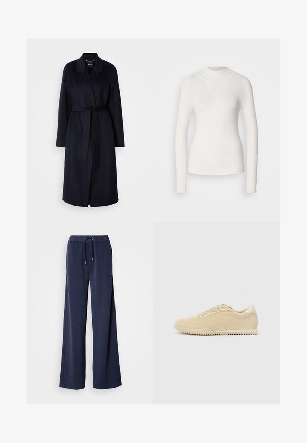 Tume merevillane mantel, vöödiga talje, nurgelise krae, pikad varrukad ja keskmise pikkusega äär. Sile tekstuur, minimalistlik disain, nähtavad mustrid puuduvad.; Valge pika varrukaga topp kõrge kaelusega, ribakujuline tekstuur ja sobiv disain. Omab sujuvat välimust ja peent V-kujulist lõiget ees.; Tumed laiendid püksid, mis on valmistatud pehmest kangast, millel on elastne vöökoht joonkammutusega ja logo detail vasakul jalal.; Beige nubukist sneakers, millede sidemehhanismiga, tekstuuriga ülemise osaga, kontrastse kummist tallaga ja kerge kontsaga. Minimalistlik stiil koos diskreetse brändimisega.