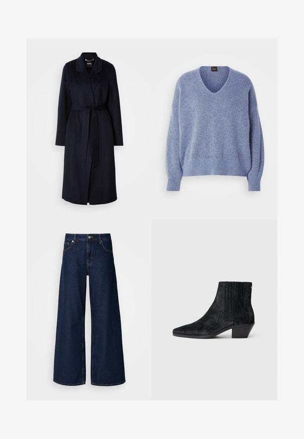 Tume merevillane mantel, vöödiga talje, nurgelise krae, pikad varrukad ja keskmise pikkusega äär. Sile tekstuur, minimalistlik disain, nähtavad mustrid puuduvad.; Hele sinine kootud kampsun V-kaelusega, allalastud õlgadega ning soonikuga mansettide ja äärega. Pehme tekstuur, loodud mugavaks ja lõdvestunud kandmiseks.; Laialised tumedast sinisest denimist teksad kõrge vöökoha ja esipocketitega, millel on nööbikinnitus. Omab kontrastset õmblust ja siledat tekstuuri.; Must have kontsad must tõus, terava nina, tekstuuriga juuksearnane materjal, ribaga külgpaneel ja madal, plokk-kanna. Lihtne ja kaasaegne disain.