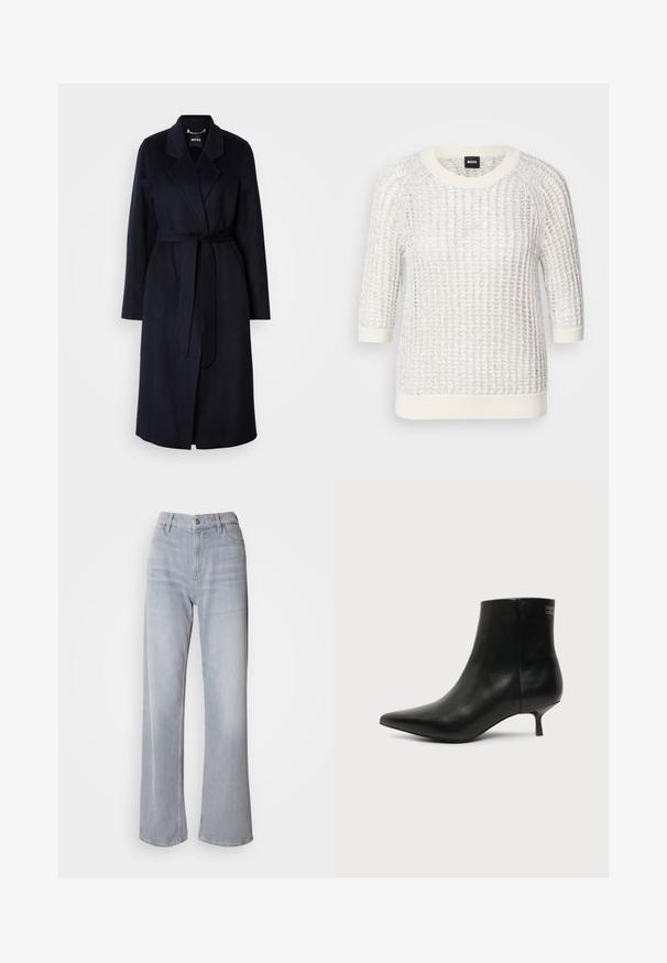 Abrigo de lana azul marino oscuro con cintura ceñida por un cinturón, cuello con muesca, mangas largas y un dobladillo a media longitud. Textura suave, diseño minimalista, sin patrones visibles.; Suéter blanco texturizado con un patrón de punto, cuello redondo, mangas tres cuartos y puños y dobladillo de canalé en contraste. Etiqueta de la marca: BOSS.; Jeans de pernera ancha en gris claro, con cintura alta, hechos de denim. Presentan bolsillos frontales, cremallera y un leve desvanecimiento por toda la prenda.; Botín de piel negra con puntera puntiaguda y tacón bajo estilo kitten sobre fondo claro, mostrando vista lateral exterior.