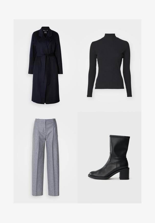 Mørkeblå uldfrakke med bælte i taljen, klippede krave, lange ærmer og en mellemlang kant. Glat tekstur, minimalistisk design, ingen synlige mønstre.; Sort ribbet turtle-sweater med lange ærmer. Lavet af strækbart stof med en tætsiddende pasform og høj krave. Enkel design uden udsmykninger.; Lys grå bredbenede bukser i et struktureret stof, med plisseringer foran og en skræddersyet talje. Minimalistisk design, ingen synlig hardware.; Sort læder ankelstøvle med rund tå, glat tekstur og en grov hæl, der har et tætsiddende skaft og subtil syning.