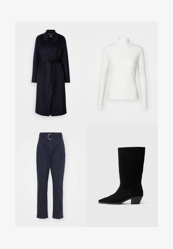 Manteau en laine bleu marine foncé avec une taille ceinturée, un col en V, des manches longues et une longueur mi-mollet. Texture lisse, design minimal, sans motifs visibles.; Haut col roulé blanc à côtes avec des manches longues, fabriqué en tissu extensible. Présente un design ajusté et un encolure haute pour plus de couverture.; Pantalon bleu marine avec une ceinture et une boucle argentée, doté d'une taille haute, de plis et de jambes fuselées avec des ourlets retroussés. Texture en coton.; Bottine en daim noir avec un bout pointu, tige de hauteur moyenne et un talon épais. Présente des coutures minimales et une texture lisse.