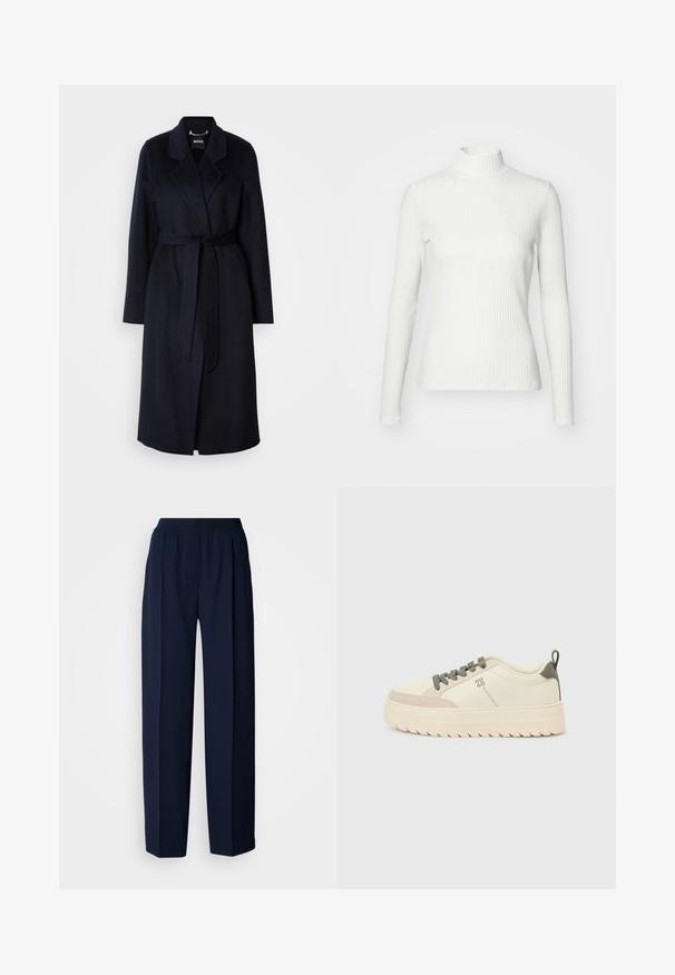 Tummansininen villakangastakki, jossa on vyöllinen vyötärö, lankakäyräkaulus, pitkät hihat ja puolipitkä helma. Silkkinen materiaali, minimalistinen muotoilu, ei havaittavia kuvioita.; Valkoinen ribattu poolopaita pitkillä hihoilla, valmistettu hyvin joustavasta kankaasta. Ominaisuuksiin kuuluu tiukka malli ja korkea kaulus, joka tarjoaa peittävyyttä.; Laivaston siniset suoralahkeiset housut, joissa on elastinen vyötärönauha ja edessä taitos, esitettynä yksinkertaisella valkoisella taustalla.; Matalavartiset tennarit, joissa on kerma valkoinen päällinen beigeillä korostuksilla, harmaat nauhat ja uritettu pohja. Yksinkertainen logoveto sivulla.