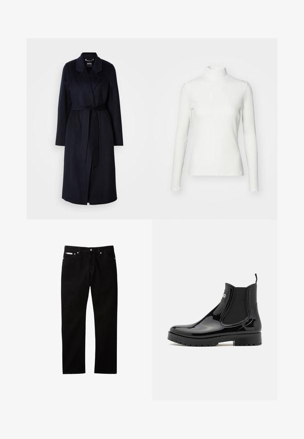 Mørkeblå uldfrakke med bælte i taljen, klippede krave, lange ærmer og en mellemlang kant. Glat tekstur, minimalistisk design, ingen synlige mønstre.; Hvid ribbet turtleneck blouse med lange ærmer, lavet af elastisk stof. Har et tætsiddende design og høj hals for god dækning.; Sorte denimjeans med lige ben, der har knappelukning og lynlås, fem lommer og en lille logomærkat på taljen.; HUGO TABITA - Gummistøvler - black