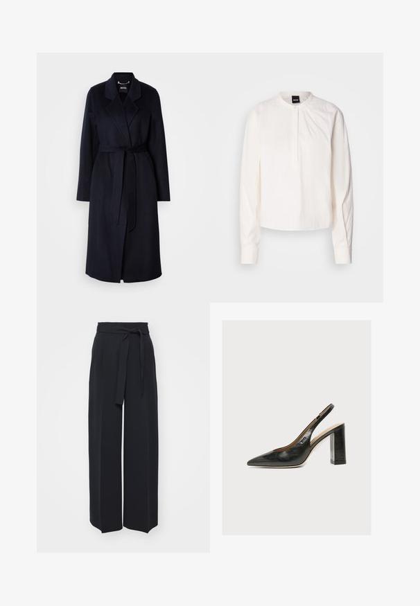 Mørkeblå uldfrakke med bælte i taljen, klippede krave, lange ærmer og en mellemlang kant. Glat tekstur, minimalistisk design, ingen synlige mønstre.; Hvid langærmet bluse med rund krave og knaplukning, prydet med diskrete lodrette striber, vist på en ensfarvet baggrund.; Vide sorte bukser lavet af blød stof. Har en bælteholdbar talje og frontfolder. Glat tekstur med et rent, moderne design.; Sort læder kvindesko med slingback, spids tå og tyk blokhøj hæl på hvid baggrund.