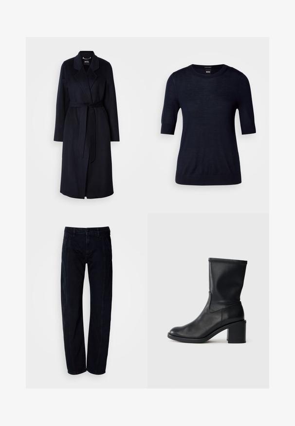 Abrigo de lana azul marino oscuro con cintura ceñida por un cinturón, cuello con muesca, mangas largas y un dobladillo a media longitud. Textura suave, diseño minimalista, sin patrones visibles.; Suéter cortos de manga en azul marino, confeccionado con un tejido de punto ligero. Presenta un escote redondo y un dobladillo acanalado para un ajuste ceñido.; Pantalones de mezclilla negros de corte recto, con un clásico diseño de cinco bolsillos, cierre de botón y sutiles detalles de costura en los lados.; Botín negro de cuero hasta el tobillo con punta redonda, textura suave y tacón grueso, que presenta un eje ajustado y un sutil detalle de costura.